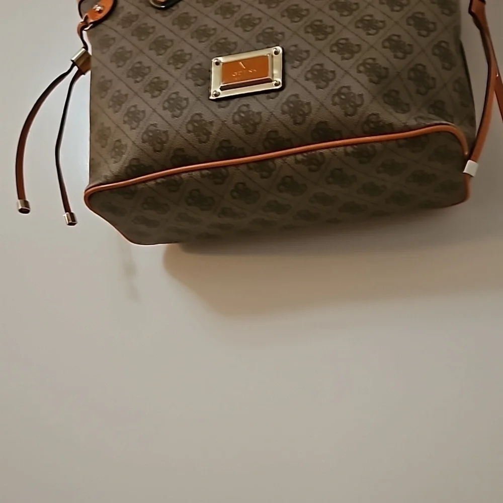 VTG GUESS 1990s Brown Orange Trim Logo Monogram Tote Bag